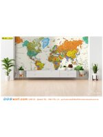 พิมพ์ภาพติดผนัง หมึกเช็ดได้ ออกเเบบห้องรับเเขกให้ดูทันสมัย ใส่พื้นผนังลายเเผนที่โลกสีสดใส เพิ่มเฟอร์นิเจอร์สีขาวเเละวางต้นไม้ เพื่อความรู้สึกเย็นสบายตา