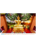 ภาพลายไทยแต่งผนังภายในพระอุโบสถหลังพระประธาน ลายลิขสิทธิ์ต้นโพธิ์ใหญ่พื้นหลังเป็นนาข้าว ทำให้ดูร่มเย็นเป็นสุข