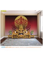 ภาพลวดลายตกแต่งห้องพระ ห้องปฏิบัติธรรม ลายไทยลิขสิทธิ์ต้นโพธิ์กับพระจันทร์เต็มดวง พื้นหลังสีแดง คุณภาพดี ภาพคมชัด สีสวย กันน้ำได้