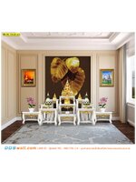 วอลเปเปอร์สั่งทำ กรุผนังในห้องพระสีสุภาพพร้อมฉากหลังลายใบโพธิ์ทองพื้นหลังสีน้ำตาลเรียบ ประดับกรอบรูปภาพวิววัดสวยงาม