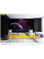 วอลเปเปอร์ภาพวิว ติดห้องนอน ภาพถ่ายมุมใกล้ของดวงดาวเเละระบบจักรวาล ช่วยให้ดูมีมิติ เเละผนังดูลึกขึ้น เพิ่มสเปซของห้องได้ด้วยเตียงสีขาว