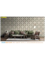 พิมพ์วอลเปเปอร์ แต่งผนังห้องรับแขก ลายกราฟฟิก เเนวลวดลายกระเบื้องหลากสี ให้ความรู้สึกเย็นเเละสบาย