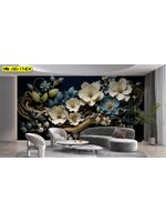 วอลเปเปอร์ภาพดอกไม้สีครีม–น้ำเงิน สั่งผลิตตามขนาด ช่วยสร้างผนังเด่นหรูสำหรับงานตกแต่งห้องรับแขก