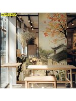 วอลเปเปอร์สั่งผลิต ภาพหมู่บ้านยามเย็น ออกแบบ ด้วยต้นไม้สีแดง สร้างบรรยากาศอบอุ่นยามค่ำคืนในร้าน