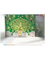 ภาพฉากหลังโต๊ะหมู่บูชา ฉากหลังห้องพระสวยๆ ลายไทยต้นโพธิ์ทอง เทพพนมคู่ พื้นหลังสีเขียว ทำให้บรรยากาศเรียบหรู