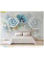 วอลเปเปอร์ติดผนังภาพวิว ตามสั่ง แต่งผนังหัวเตียงนอนแบบเดิมๆ ด้วยวอลเปเปอร์ดอกไม้ใหญ่สีฟ้าสามมิติ สายหวาน