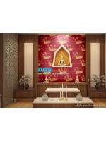 JJLP17-05 ตัวอย่างห้องพระ ตกแต่งผนังห้องด้วย วอลเปเปอร์ติดผนังลายเรือสุพรรณหงส์ สีแดง