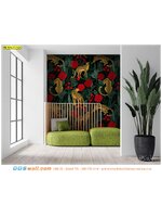 สั่งพิมพ์วอลเปเปอร์ติดผนังห้องรับแขก ลายเสือดาวและดอกกุหลาบแดง