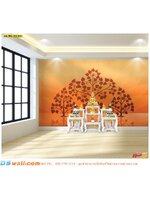 วอลเปเปอร์ออกแบบเอง ติดผนังห้องพระ ลายต้นโพธิ์ พื้นหลังสีส้ม สวยงามอลังการ