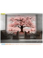 ภาพศิลปะ ผ้าCanvas ขนาดใหญ่ ติดผนังในร้านอาหาร ด้วยภาพวาดต้นซากุระสีชมพู สวยงามเเละมีเอกลักษณ์