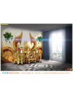พิมพ์ภาพแคนวาส ราคาถูก จัดห้องพระเล็กๆ เลือกลายพญานาคคู่สีทอง พื้นหลังกราฟฟิกสีขาวทองคลื่นทะเล สร้างสรรค์โดยช่างศิลป์ชาวไทย