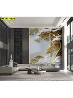 วอลเปเปอร์ต้นไม้ทองสามมิติสร้างความอลังการให้ผนังสูง และเพิ่มมิติให้ห้องดูลึกขึ้นอย่างสง่างาม