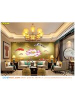 พิมพ์วอลเปเปอร์ ขนาดใหญ่ ภาพปลาคาร์ฟหลากสีเก้าตัวล้อมดอกบัว ตกแต่งห้องแบบจีน โทนสีทอง ในสไตล์หรูหรา