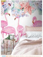 ผ้าแคนวาส ติดห้องนอน โทนพาสเทล ภาพลายฝูงฟลามิงโก้ในสวนดอกไม้ สีชมพู สุดฟรุ้งฟริ้ง