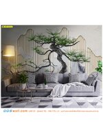 ปริ้น ผ้าแคนวาสเต็มผนัง ตกแต่งห้องรับแขก ลายดอกไม้จีนต้นสนจีน ช่วยให้ผ่อนคลายเเละสงบ