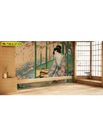 วอลเปเปอร์สั่งผลิตลายหญิงสาวกับบ่อปลา ถ่ายทอดศิลปะแบบดั้งเดิม เหมาะกับงานตกแต่งภายในโทนอุ่น