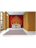 รูปลายไทยแต่งห้องพระ ลายต้นโพธิ์ทอง พื้นหลังสีแดง ที่ให้บรรยากาศเรียบหรู