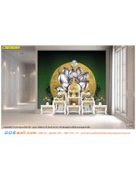 ไอเดีย การต่อเติมห้องพระสีเขียว ภาพลายไทยดอกบัวพื้นหลังวงกลมสีทอง ช่วยเพิ่มความร่มรื่นและเป็นธรรมชาติ