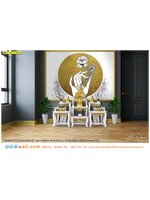 บริการ พิมพ์วอลเปเปอร์ห้องพระ ลายมือถือดอกบัวในวงพระจันทร์พื้นหลังสีขาว สีเรียบง่าย เพิ่มความเป็นสิริมงคลให้กับสถานที่