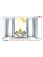 วอลเปเปอร์ห้องพระสีเหลืองอ่อน ภาพพระพุทธศาสนา ลายใบโพธิ์สีทอง สร้างบรรยากาศอบอุ่น