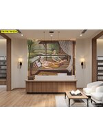 วอลเปเปอร์ภาพพิมพ์ลายไทยเรือนไม้ช่วยสร้างบรรยากาศโซนรีเซปชันให้ดูอบอุ่นและเป็นเอกลักษณ์แบบไทยร่วมสมัย