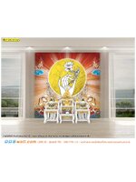 วอลเปเปอร์ติดบ้านชิ้นใหญ่ ต่อเติม ห้องพระในบ้าน ลายไทยมือถือดอกบัววงกลมสีทองกับเทพพนมพื้นหลังสีแดง โดดเด่น มีเอกลักษณ์ ไม่ซ้ำใคร