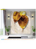 รับพิมพ์ สติ๊กเกอร์ วอลเปเปอร์ห้องพระ ลายใบโพธิ์ทองพื้นหลังหินอ่อนสีครีม โดดเด่น มีเอกลักษณ์