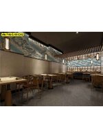 วอลเปเปอร์สั่งผลิต ภาพลายเส้น ใช้ ตกแต่งผนัง เป็นแถบแนวนอน สร้างมิติให้ร้านอาหาร ออกแบบ ให้เข้ากับโคมไฟ