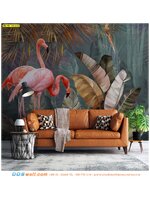 วอลเปเปอร์ติดผนังภาพวิว ตกแต่งผนังในห้องนั่งเล่น แต่งแต้มด้วยภาพพิมพ์ฟลามิงโก้และใบตองใหญ่ สีสดใส