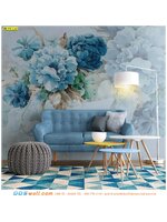 พิมพ์วอลเปเปอร์ ตกแต่งในห้องนั่งเล่น ลายดอกไม้โทนสีฟ้า สงบ เย็นสบาย
