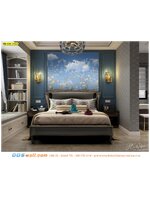 วอลเปเปอร์ภาพวิว ขนาดใหญ่ติดห้องนอน เพิ่มความหรูหรา ด้วยลายดอกไม้จีน ดอกไม้สีหวานพื้นหลังโทนสีท้องฟ้า ดูสบายตา