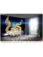 วอลเปเปอร์ติดห้องชิ้นใหญ่ ห้องพระเล็กๆ ลายพญานาคสีทอง พื้นหลังกราฟฟิกสีน้ำเงินอมดำ ใต้ดวงจันทร์ โดดเด่นสวยงาม