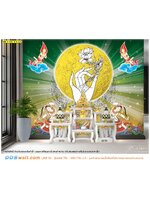 วอลเปเปอร์สั่งพิมพ์ ราคาถูก ฉากหลังห้องพระสวยๆ ลายไทยมือถือดอกบัววงกลมสีทองกับเทพพนมพื้นหลังสีเขียว มีความหมาย น่าประทับใจ