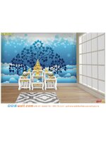 วอลเปเปอร์ตกแต่งห้องพระ ลายต้นโพธิ์สีน้ำเงิน พื้นหลังสีฟ้าขาว ทำให้ห้องปลอดโปร่ง รู้สึกผ่อนคลาย