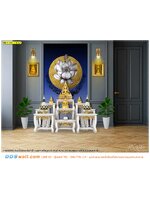 วอลเปเปอร์สั่งพิมพ์ ราคาถูก ฉากหลังห้องพระ ประดับภาพลายไทยดอกบัววงกลมสีทองพื้นหลังสีน้ำเงิน พร้อมกำแพงบุผนัง สวยหรู