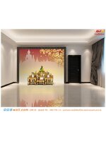 สั่งทำวอลเปเปอร์ติดผนัง รูปแต่งห้องพระ ลายใบโพธิ์พื้นหลังสีแดง ดูโดดเด่น เข้ากับทุกยุคสมัย