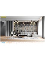 วอลเปเปอร์พิมพ์ลายกราฟฟิก3มิติ ทรงหกเหลี่ยมไล่สีดำ ทอง เทา ตกเเต่งห้องนั่งเล่นสไตล์โมเดิร์น ผนังดูมีมิติเเปลกใหม่มากขึ้น