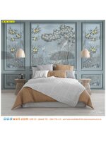 วอลเปเปอร์พิมพ์ลายกรุผนังสวนป่าโทนสีฟ้า ตกแต่งผนังบนหัวเตียงนอน ลวดลายสวยๆ