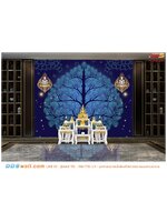 วอลเปเปอร์ฉากหลังห้องพระสวยๆ ภาพแคนวาส ติดผนัง ลายต้นโพธิ์เทพพนมพื้นหลังสีน้ำเงิน รู้สึกสงบ ผ่อนคลาย