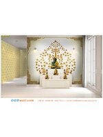 ลายไทยตกแต่งห้องพระ ด้วยวอลเปเปอร์ลายต้นโพธิ์ทอง พื้นหลังสีขาว ดูมีเอกลักษณ์มากยิ่งขึ้น