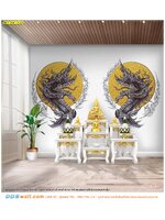 วอลเปเปอร์สั่งพิมพ์ ตามขนาด ห้องพระพร้อมกรุผนัง ลายไทยพญานาคล้อมดวงจันทร์พื้นหลังสีขาว สร้างความมีมิติได้อย่างงดงาม