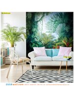 ภาพพิมพ์วอลเปเปอร์ ตามสั่ง เลือกเฟอร์นิเจอร์สีขาวตกแต่งห้องนั่งเล่นพื้นที่จำกัด ด้วยวอลเปเปอร์สวนป่าธรรมชาติเขตร้อน ทำให้รู้สึกปลอดโปร่งสบาย