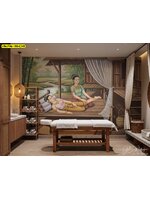 วอลเปเปอร์ลายไทยฉากเรือนไม้ริมลำธาร ช่วยเสริมบรรยากาศห้องทรีทเมนต์ให้ผ่อนคลายและโดดเด่นแบบพื้นบ้าน