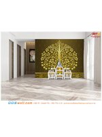 วอลเปเปอร์สั่งพิมพ์ภาพ ลายใบโพธิ์สีทอง พื้นสีน้ำตาล ทำให้ห้องพระมีความโดดเด่น