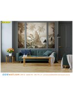 ภาพศิลปะ ผ้าCanvas ติดผนังห้องนั่งเล่น ลายสวนป่าต้นกล้วยต้นมะพร้าวโทนสีน้ำตาล และกรุผนังสีเข้ม ได้ความสวย เท่ คูลๆ