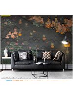 พิมพ์วอลเปเปอร์ ตามขนาด ตกแต่งห้องรับแขก ลายไทยประเพณีลอยกระทงโทนสีเข้มสุดเท่ ที่เข้ากับโซฟาสีดำอย่างลงตัว