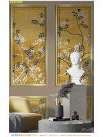 วอลเปเปอร์พิมพ์ลายกรุผนังลายดอกไม้พื้นสีเหลืองทองในกรอบสวยๆ ราคาถูก ตกแต่งมุมนั่งเล่นในบ้าน ดูแล้วสบายตา