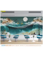 ปริ้นวอลเปเปอร์ ผ้าแคนวาส ตกแต่งร้านคาเฟ่ ลายกวางทองบนน้ำ ติดผนังสีฟ้าสบายตา ประดับต้นไม้เขียวเล็กๆน่ารัก