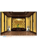 วอลเปเปอร์โทนสีทองติดผนัง ตกแต่งห้องพระลายดอกบัวทอง พื้นสีเหลืองทอง สวยงามอลังการ