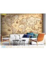 พิมพ์วอลเปเปอร์ ตามสั่ง สร้างบรรยากาศในห้องนั่งเล่นให้ออกมาคลาสสิค รูปเเผนที่โบราณสีน้ำตาลอบอุ่น ใส่โซฟาสีขาวเเละหมอนหลากสี ทำให้ห้องดูทันสมัยขึ้น